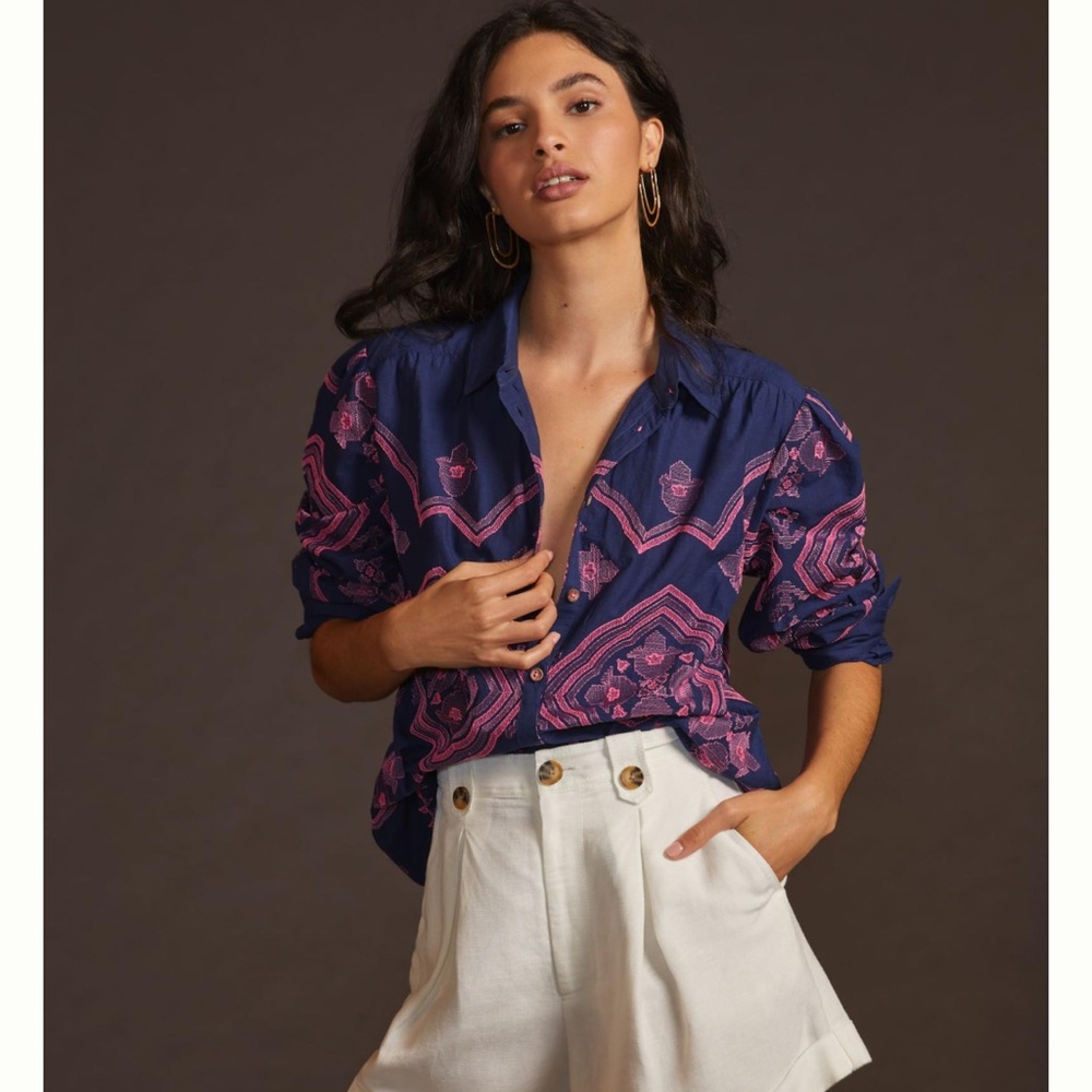 Anthropologie Embroidered Relaxed Shirt Pink Blue XL